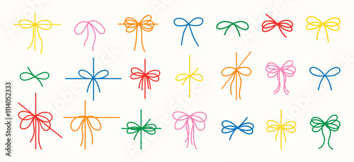 Set decorative isolated on white background colored silhouettes, contours of bows, ribbon made of thin jute, rope for gift wrapping, present for New Year, Christmas, Birthday. Vector EPS10