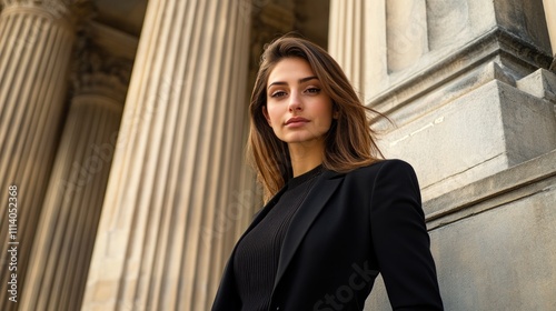 Confident woman posing near classical architecture