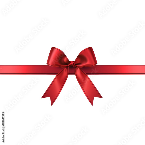 A shiny red satin bow tied around a matching ribbon, isolated on a white background, symbolizing holiday celebrations and gift wrapping.