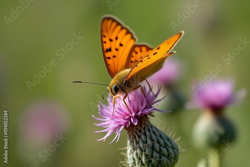 Lycaena dispar butterfly on a thistle flower in a sunlit meadow Macro Photography