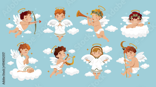 Cute Cherubs with Wings and Halos in the Sky