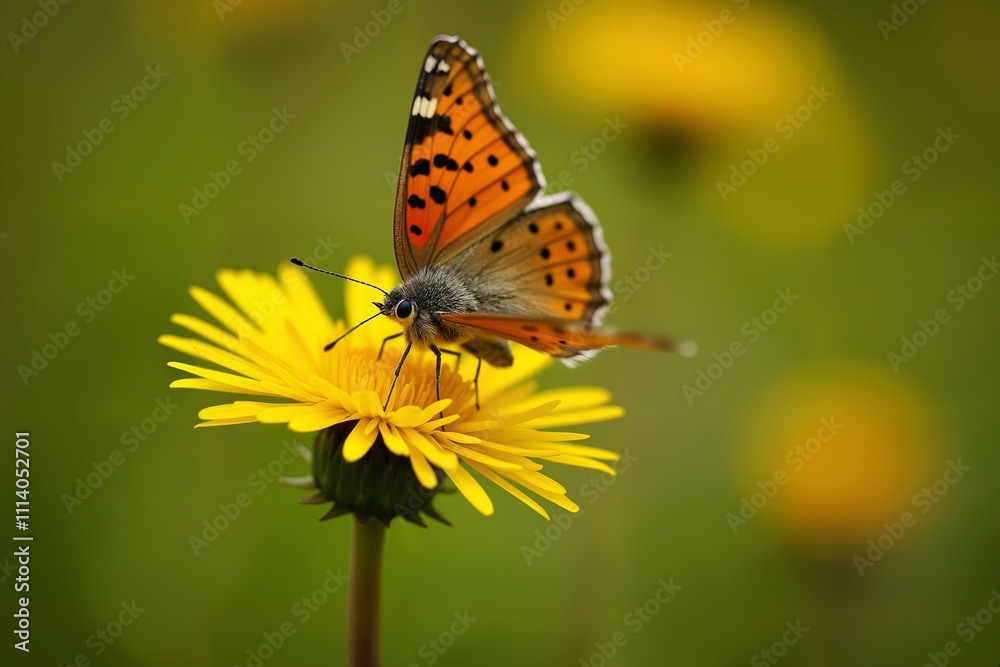 Orange Butterfly on Yellow Flower in Vibrant Meadow Macro Photography Orange Butterfly on Yellow Flower in Vibrant Meadow Macro Photography