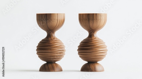 Simple with few lines Set of two wooden candlesticks with a textured finish. The wood is stained in a light brown color and shaped like round. photo