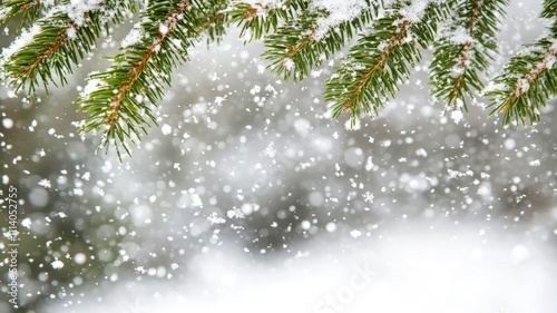 A snowy scene featuring evergreen branches with falling snowflakes in a tranquil winter setting.