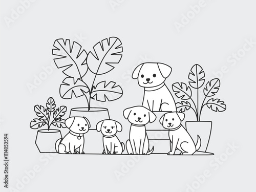 A  Black & White Minimalist Monochromatic Illustration Of Four Cute Cartoon-Style Dog