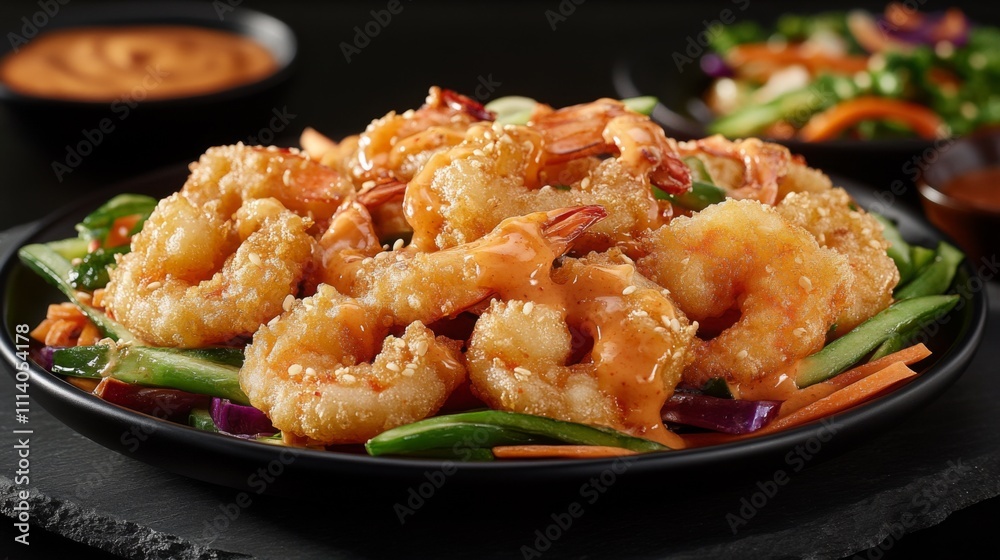 Delicious Shrimp Dish with Sesame and Colorful Vegetables on Plate Delicious Shrimp Dish with Sesame and Colorful Vegetables on Plate