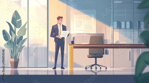 Wallpaper Mural A businessman reading a document in a modern office with large windows and a potted plant. Torontodigital.ca