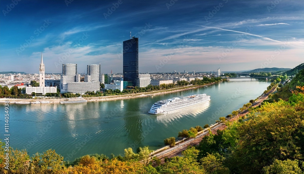 Fototapeta premium cruise ship on danube river vienna wien city panorama