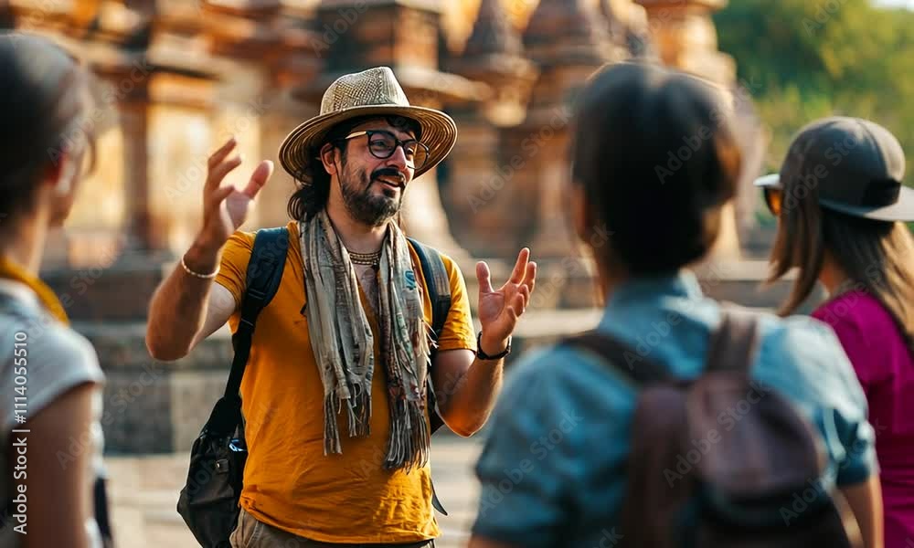 A smiling tour guide engages with travelers in an ancient site.