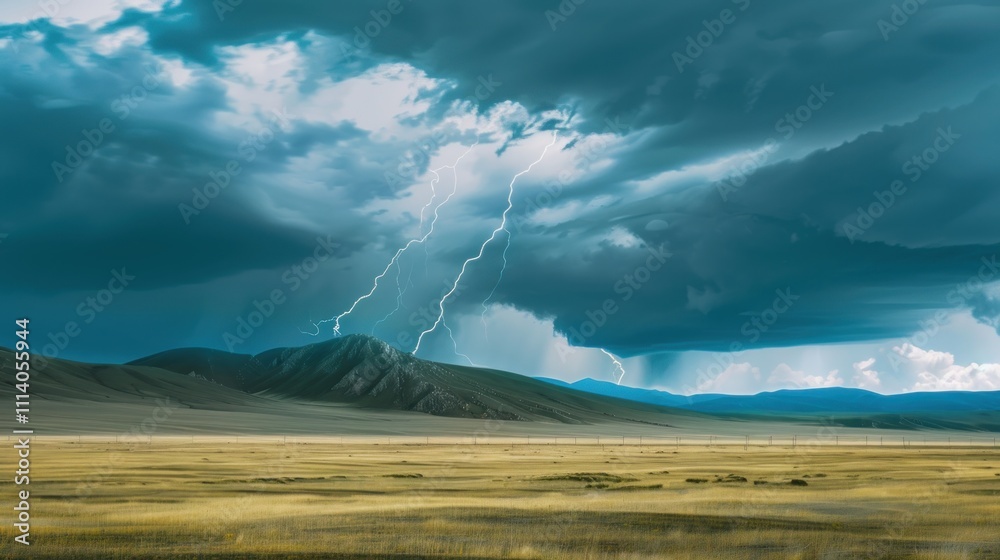 Obraz premium Lightning Strike Over Mountainous Landscape