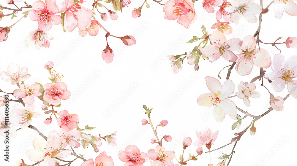 Wreath of Blossom Pink Cherry Flowers: A watercolor-style wreath of pink cherry blossoms on a white background. Wreath of Blossom Pink Cherry Flowers: A watercolor-style wreath of pink cherry blossoms on a white background.
