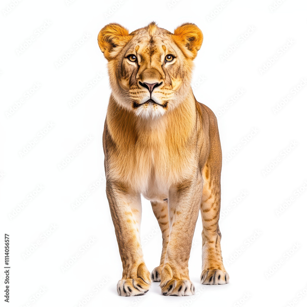 regal lioness standing confidently on white background, showcasing strength and grace regal lioness standing confidently on white background, showcasing strength and grace