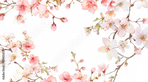 Fototapeta Naklejka Na Ścianę i Meble -  Wreath of Blossom Pink Cherry Flowers: A watercolor-style wreath of pink cherry blossoms on a white background.