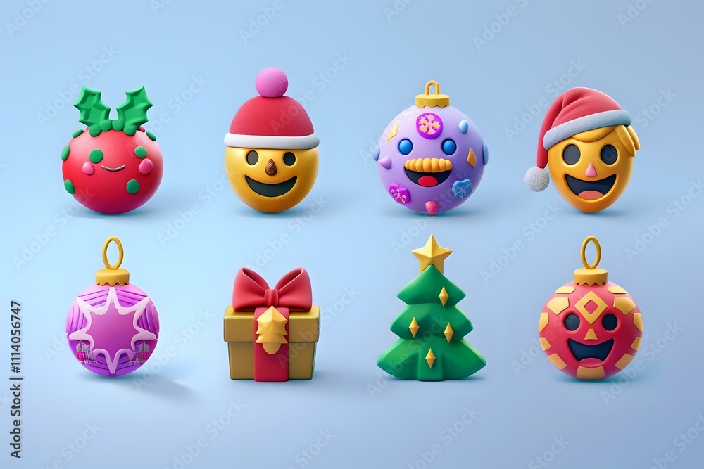 Fototapeta premium Delightful 3D Emoji Christmas Ornaments: Festive Holiday Decorations with Smiling Faces, Santa Hats, and Gifts, Perfect for Winter Celebrations and Digital Holiday Cheer. Create Joyful Holiday Scenes