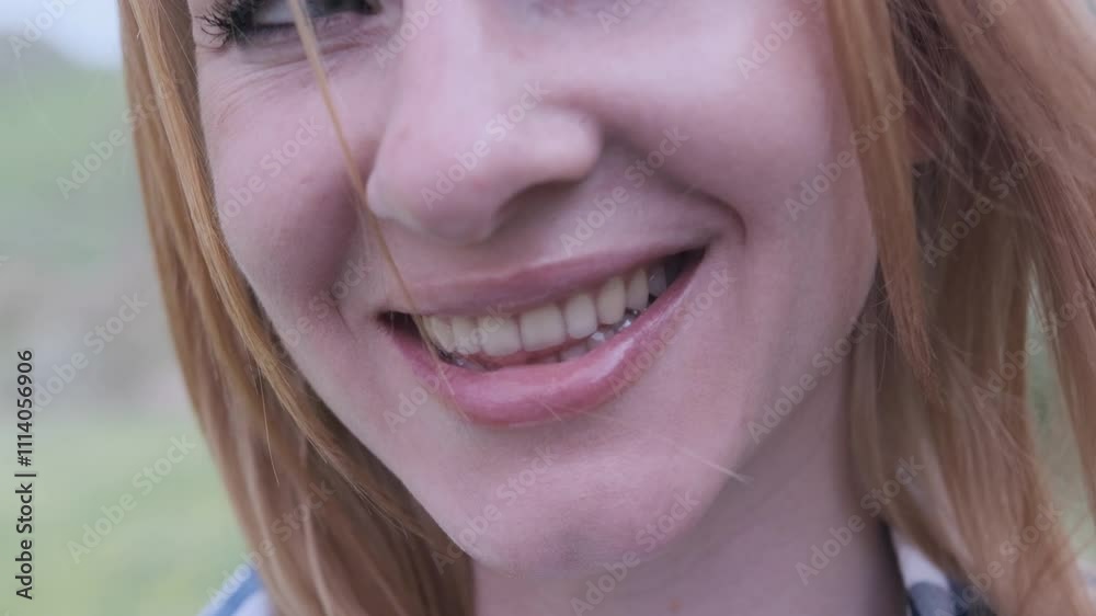 Young woman with long hair smiles joyfully in slow motion, showcasing her cheerful expression against a sunny outdoor backdrop Young woman with long hair smiles joyfully in slow motion, showcasing her cheerful expression against a sunny outdoor backdrop