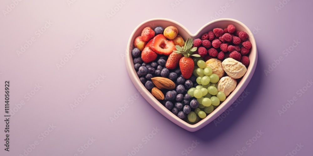 A Heart-Shaped Bowl of Delicious and Healthy Fruits and Nuts: A Vibrant Mix of Strawberries, Raspberries, Blueberries, Grapes, and Almonds, Perfect for a Healthy and Romantic Treat A Heart-Shaped Bowl of Delicious and Healthy Fruits and Nuts: A Vibrant Mix of Strawberries, Raspberries, Blueberries, Grapes, and Almonds, Perfect for a Healthy and Romantic Treat