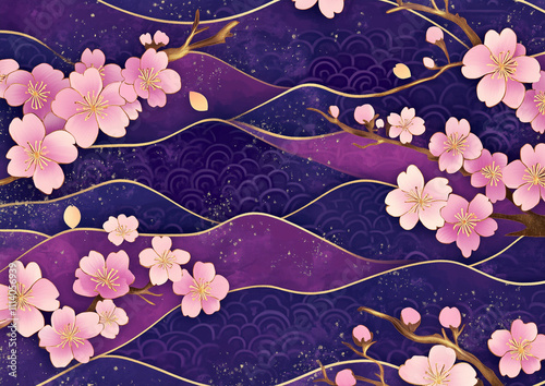 A background with cherry blossoms and purple patterns. The pattern is a Japanese-style geometric design