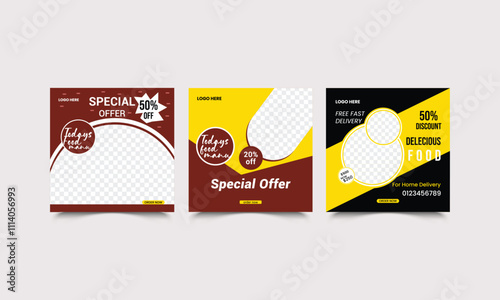 Set of social media post templates to promote food and restaurant isolated on white background