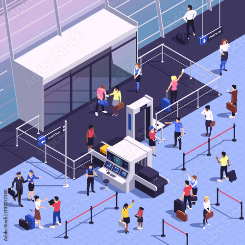 Isometric Airport Security Checkpoint Illustration