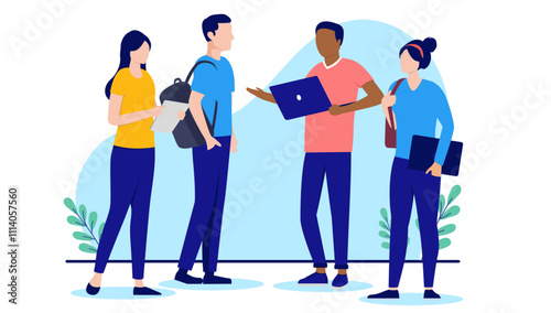 Casual team of office business people colleagues standing talking and working together while having discussion. Flat design vector illustration on white background