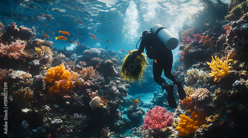 Underwater Adventure of Seaweed Harvesting with Divers Collecting Exotic Species in Coral Reefs