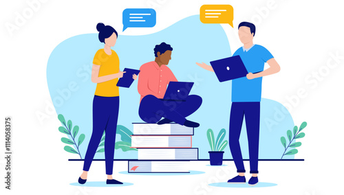 People doing research - Team of three casual businesspeople working together looking for information and discussing together with speech bubbles. Flat design vector illustration on white background