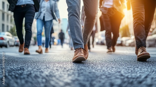 entrepreneurs strolling down crowded city streets in the backdrop, blurred to symbolize the dynamic and fast-paced aspect of corporate life. 