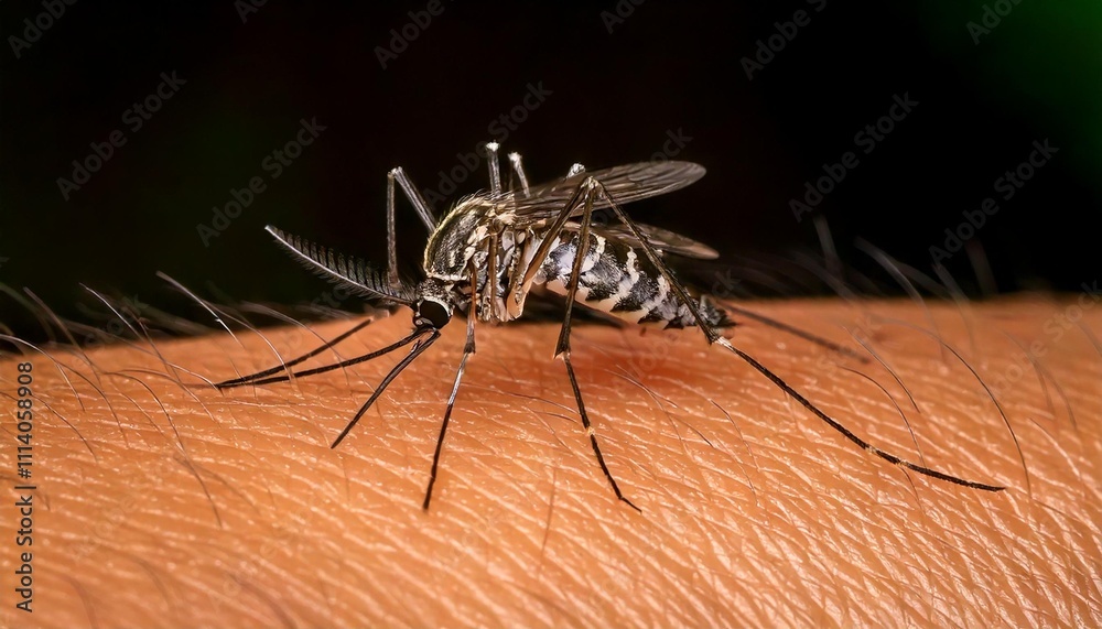 Macro shot of a tiger mosquito on skin, highlighting its delicate legs and extended wings Macro shot of a tiger mosquito on skin, highlighting its delicate legs and extended wings