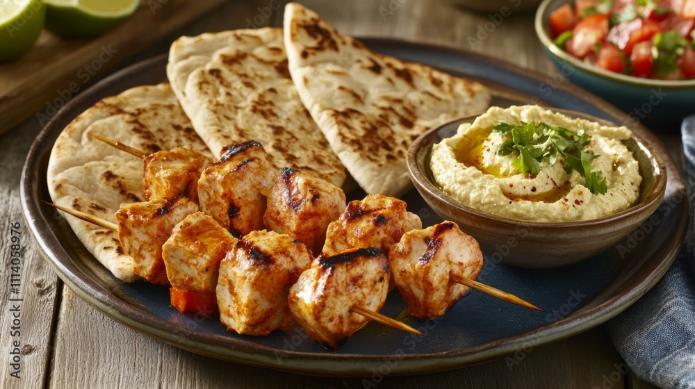 Grilled Chicken Skewers with Flatbread and Hummus on a Plate Grilled Chicken Skewers with Flatbread and Hummus on a Plate