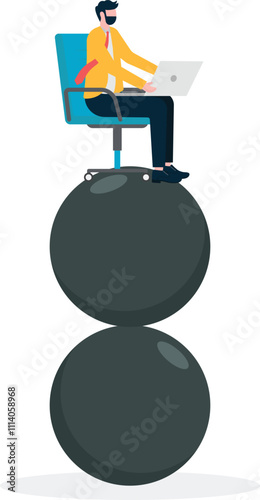 Occupational risks. Job and income instability. Businessman balancing on unstable career ball

