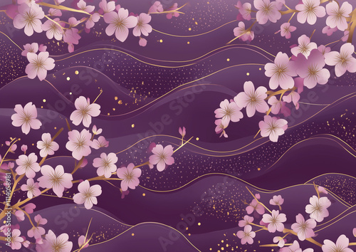 A background with cherry blossoms and purple patterns. The pattern is a Japanese-style geometric design