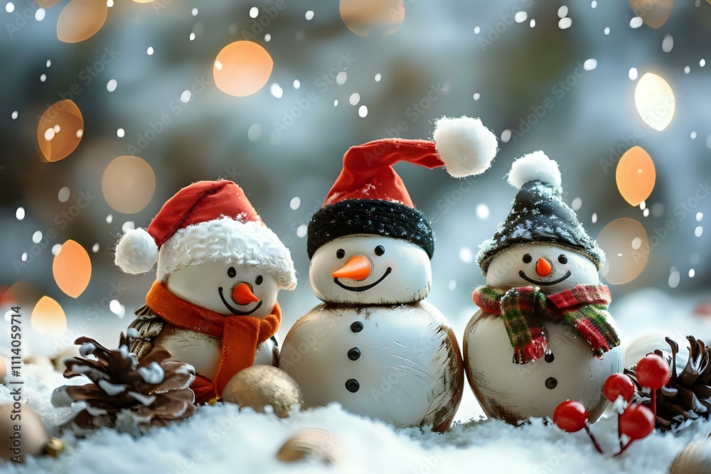 Winter Wonderland: Three Festive Snowmen in a Snowy Scene with Christmas Hats and Decorations, Embracing the Holiday Spirit Underneath Sparkling Lights and Falling Snow. A Charming Holiday Image, Winter Wonderland: Three Festive Snowmen in a Snowy Scene with Christmas Hats and Decorations, Embracing the Holiday Spirit Underneath Sparkling Lights and Falling Snow. A Charming Holiday Image,