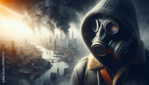 Concept art, man in gas mask against the background of polluted air in the city. Concept of climate change and threats to environmental protection photo