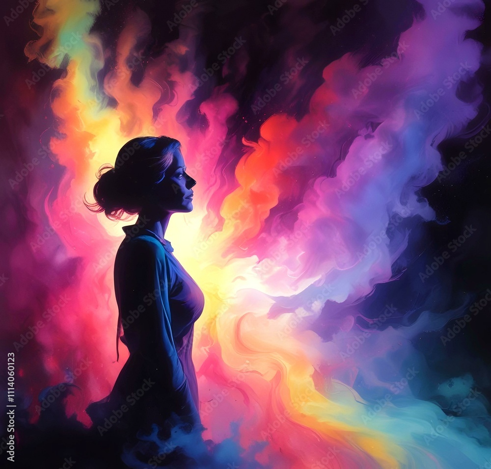 Illustration of woman silhouette with dramatic multicolor smoke background. Illustration of woman silhouette with dramatic multicolor smoke background.