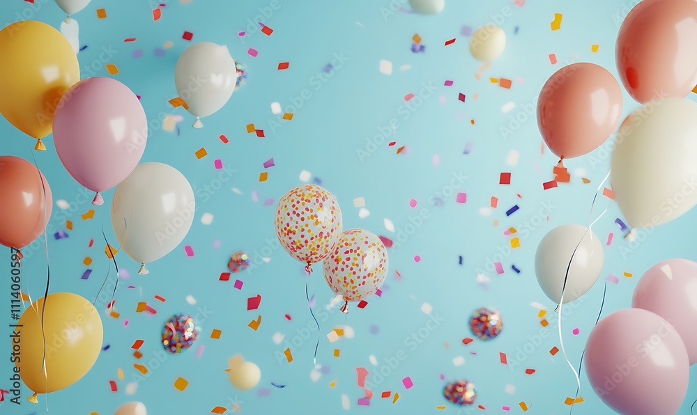 Balloons and confetti, festive background for birthday.
Balloons and confetti, festive background for birthday.