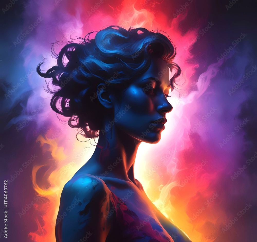 Illustration of woman silhouette with dramatic multicolor smoke background. Illustration of woman silhouette with dramatic multicolor smoke background.