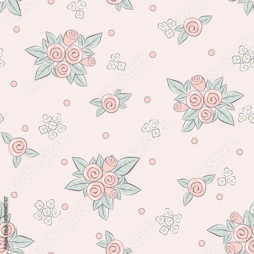 Vector illustration. Seamless pattern of delicate pink rose on a pastel background, blooming flowers. Cottagecore pattern. Printing on textiles, for packaging, fabric design, sublimation printing