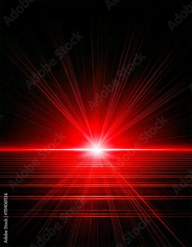 Red glowing light effect on black background with abstract horizontal gradient lines and lens flare