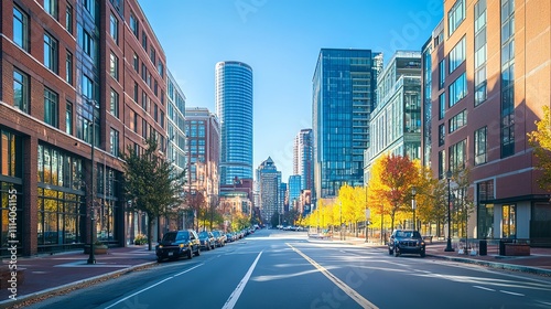New Modern Seaport District Neighborhood, Boston City Skyline Street.