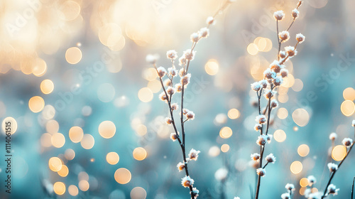Enchanting winter scene featuring frost-covered branches and soft bokeh lights, creating a magical, dreamy atmosphere. Perfect for holiday cards, websites, or winter-themed projects.