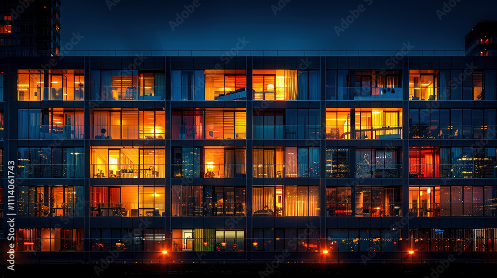 A Row of Office Buildings with Illuminated Windows at Night A Row of Office Buildings with Illuminated Windows at Night