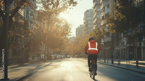 Biker Riding Down Empty Urban Street at Sunrise