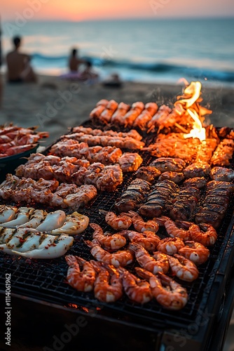 Delicious Seafood and Meat BBQ on a Beach at Sunset.
