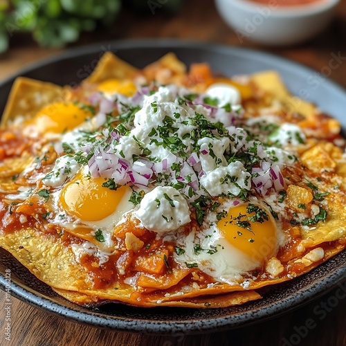 Close-up of Delicious Chilaquiles with Fried Eggs, Cotija Cheese, and Red Onions. photo