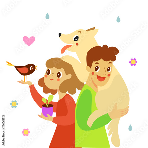 Family with a dog. People and their pets