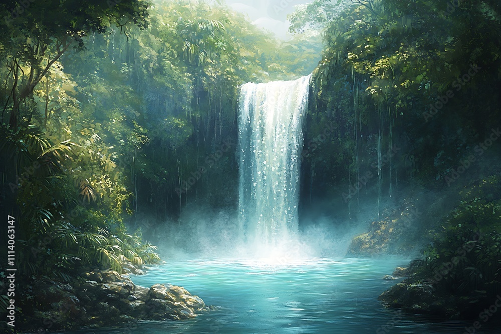 Majestic Waterfall Cascading into a Turquoise Pool Majestic Waterfall Cascading into a Turquoise Pool