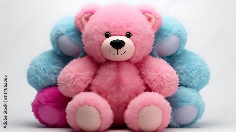 Pink teddy bear sitting amidst smaller pastel-colored plush toys against a white background. Pink teddy bear sitting amidst smaller pastel-colored plush toys against a white background.