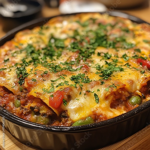 Close-up of a Delicious Baked Pasta Dish Topped with Melted Cheese and Parsley.