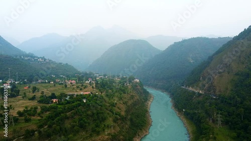 Aerial view of himalayan mountains and sutlej river at bilaspur in himachal pradesh state of India. photo