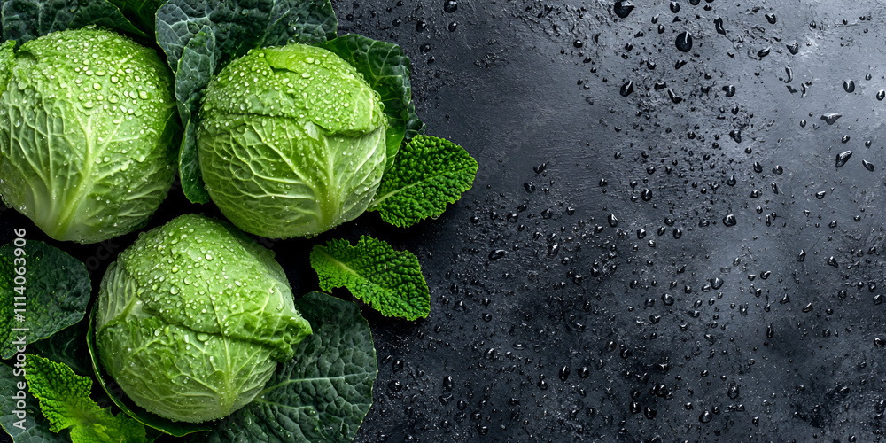 Fototapeta premium Fresh Green Cabbage with Morning Dew - Organic Farming